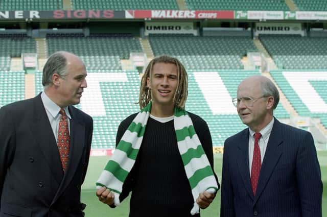 Jock Brown, left, welcomes new signing Henrik Larsson along with managing director Fergus McCann (right) in July 1997.