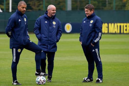 Scotland manager Steve Clarke with coaches Steven Reid (left) and John Carver (right)  during Scotland training on Monday (Photo by Craig Williamson / SNS Group)