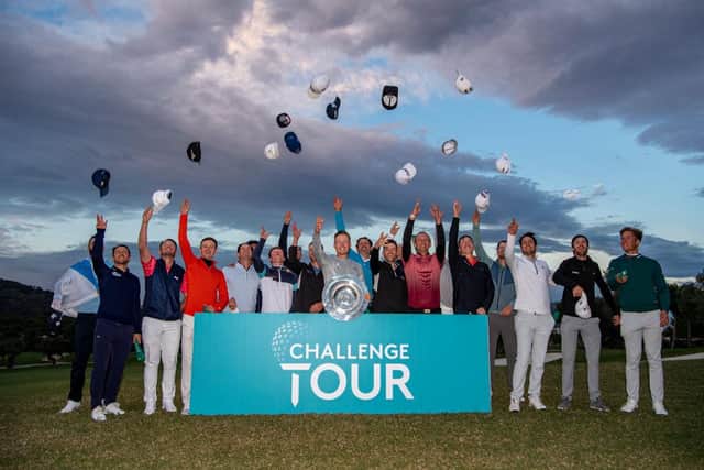 Ewen Ferguson, third left, joins his fellow Challenge Tour graduates in the traditional cap toss at the end of the Rolex Challenge Tour Grand Final supported by the R&A at T-Golf & Country Club in Mallorca. Picture: Octavio Passos/Getty Images.