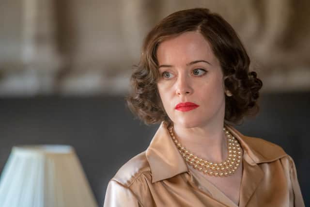 Never without her pearl necklace, Claire Foy in A Very British Scandal