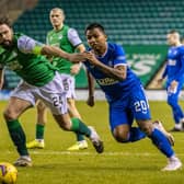 Hibs defender Darren McGregor tussles with Rangers striker Alfredo Morelos during the Ibrox side's midweek victory at Easter Road. Photo by Craig Williamson / SNS Group