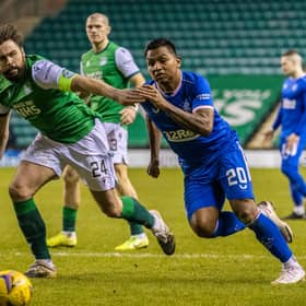 Hibs defender Darren McGregor tussles with Rangers striker Alfredo Morelos during the Ibrox side's midweek victory at Easter Road. Photo by Craig Williamson / SNS Group
