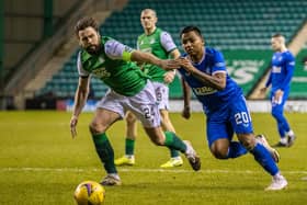 Hibs defender Darren McGregor tussles with Rangers striker Alfredo Morelos during the Ibrox side's midweek victory at Easter Road. Photo by Craig Williamson / SNS Group