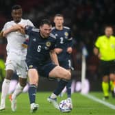 John Souttar holds off Armenia's Wbeymar during a Nations League match in June - the Rangers defender hasn't featured for Scotland for a year (Photo by Ross Parker / SNS Group)