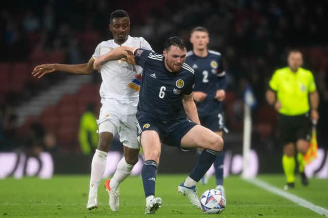 John Souttar holds off Armenia's Wbeymar during a Nations League match in June - the Rangers defender hasn't featured for Scotland for a year (Photo by Ross Parker / SNS Group)