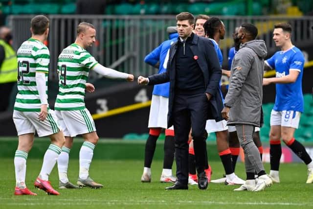 Rangers manager Steven Gerrard greets Celtic striker Leigh Griffiths at the end of the Old Firm game at Parkhead in October. (Photo by Rob Casey / SNS Group)