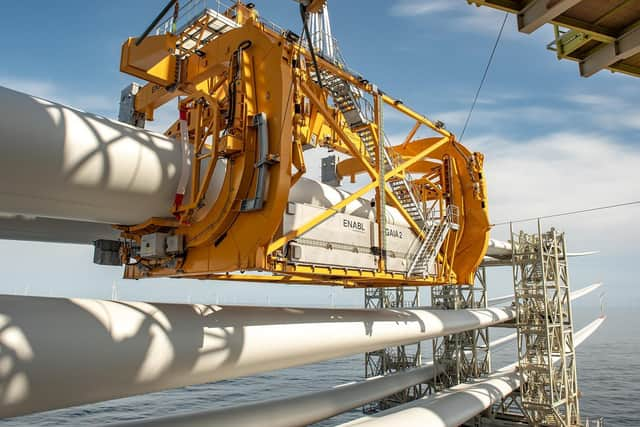 The British-made turbine blades at Moray West are 108m long, the same length as a professional football pitch and the longest on any offshore wind farm in the UK