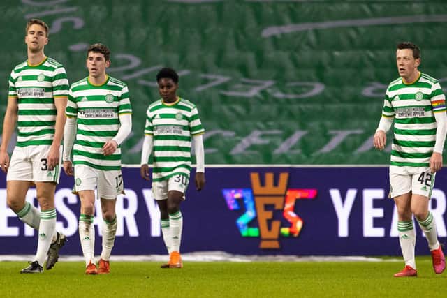 Celtic's Kristoffer Ajer, Ryan Christie and Callum McGregor with the sort of dejected looks becoming regular features of their games in the aftermath of  St Johnstone taking the lead in the 1-1 draw that has heaped further misery on Neil Lennon and the club (Photo by Alan Harvey / SNS Group)