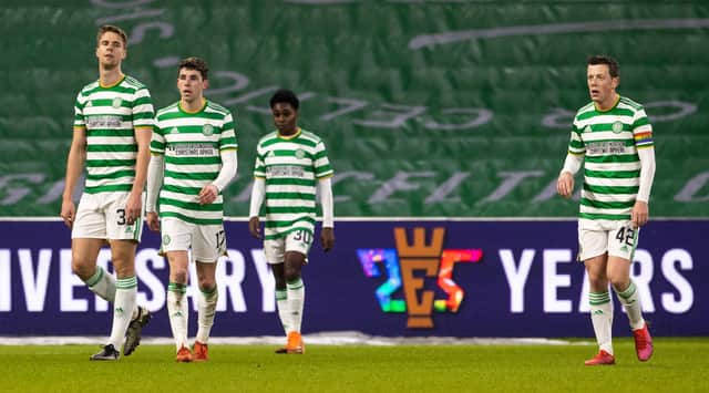 Celtic's Kristoffer Ajer, Ryan Christie and Callum McGregor with the sort of dejected looks becoming regular features of their games in the aftermath of  St Johnstone taking the lead in the 1-1 draw that has heaped further misery on Neil Lennon and the club (Photo by Alan Harvey / SNS Group)