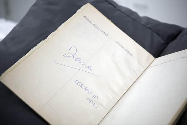 The visitor book from Milestone House in Edinburgh signed by Diana, Princess of Wales, in 1991.