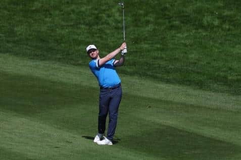 Connor Syme plays his second shot to the 9th hole during the third round of the Betfred British Masters hosted by Danny Willett at The Belfry. Picture: Richard Heathcote/Getty Images.