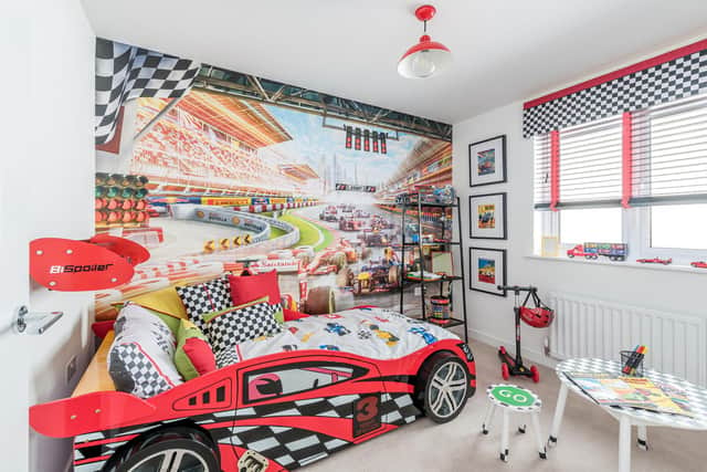 The F1-themed bedroom in the Tiree showhome. Image: Chris Humphreys Photography Ltd