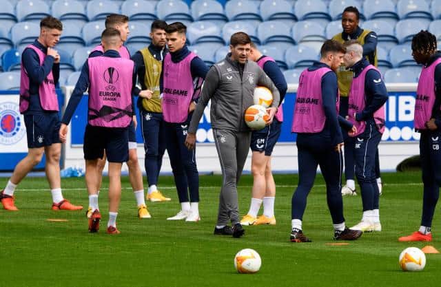 Rangers manager Steven Gerrard leads his squad in a training session at Ibrox on Wednesday morning before their departure to Belgium for the Europa League Group D opener against Standard Liege on Thursday. (Photo by Alan Harvey / SNS Group)