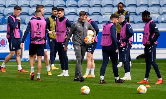Rangers manager Steven Gerrard leads his squad in a training session at Ibrox on Wednesday morning before their departure to Belgium for the Europa League Group D opener against Standard Liege on Thursday. (Photo by Alan Harvey / SNS Group)