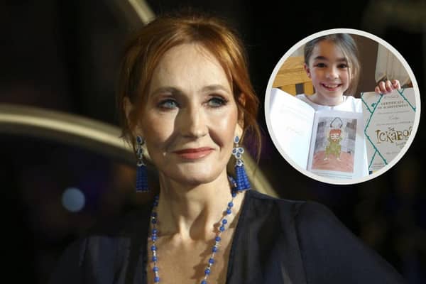 JK Rowling, and Caitlyn, from Portobello, whose drawing was chosen to feature in Ickabog