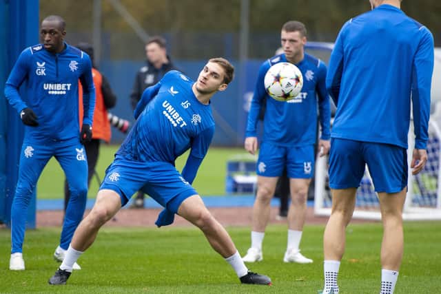 James Sands during a Rangers training session ahead of facing Ajax at Ibrox.