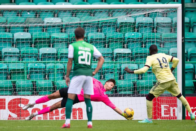Hibs goalkeeper Kevin Dabrowski saves Nicolas Pepe's penalty in the 2-1 friendly win over Arsenal at Easter Road (Photo by Ross Parker / SNS Group)