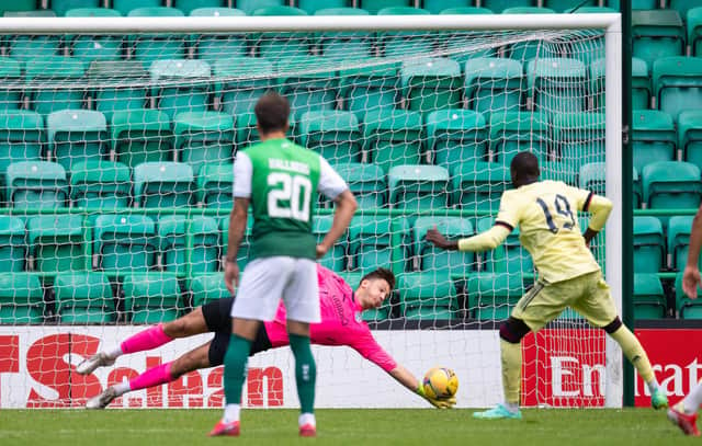 Hibs goalkeeper Kevin Dabrowski saves Nicolas Pepe's penalty in the 2-1 friendly win over Arsenal at Easter Road (Photo by Ross Parker / SNS Group)