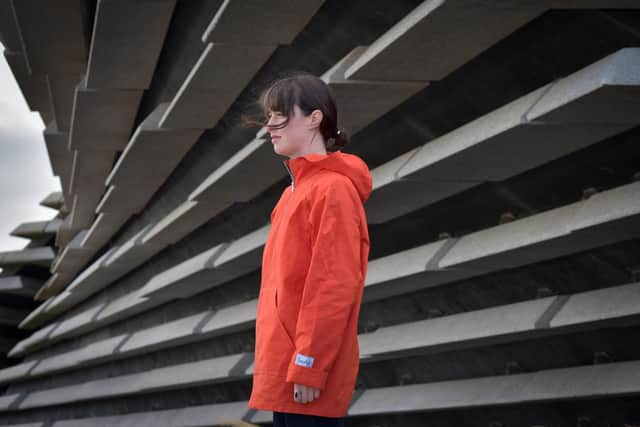 Kerrie Alexander and her new 'Dundee Raincoat outside the V&A museum. Picture: Julie Howden