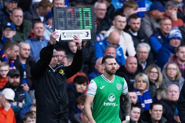 Hibs' Martin Boyle comes on during the 3-1 defeat by Rangers at Ibrox.