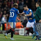 Antonio Colak (R) replaces Alfredo Morelos during Rangers' 2-0 defeat against Liverpool at Anfield last week (Photo by Craig Williamson / SNS Group)