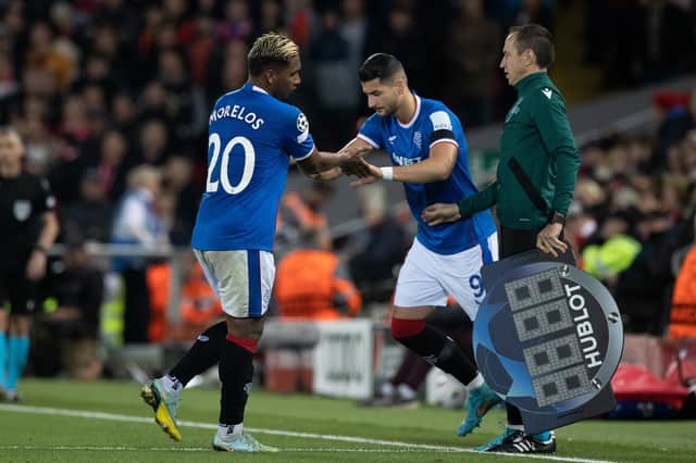 Antonio Colak (R) replaces Alfredo Morelos during Rangers' 2-0 defeat against Liverpool at Anfield last week (Photo by Craig Williamson / SNS Group)