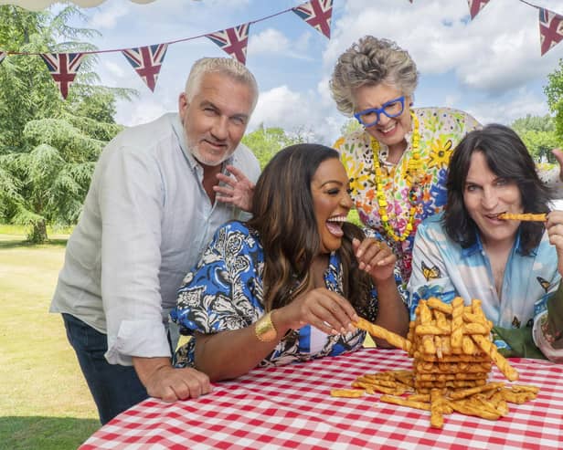 The Great British Bake Off hosts Paul Hollywood, Alison Hammon, Prue Leith and Noel Fielding. Credit: Mark Bourdillon/Love Productions/Channel 4.