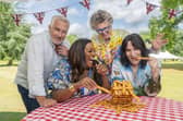 The Great British Bake Off hosts Paul Hollywood, Alison Hammon, Prue Leith and Noel Fielding. Credit: Mark Bourdillon/Love Productions/Channel 4.