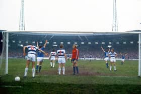 Rangers' Derek Johnstone (9) celebrates after Colin Jackson heads his side into the lead against Morton.