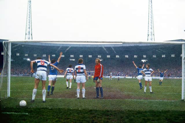 Rangers' Derek Johnstone (9) celebrates after Colin Jackson heads his side into the lead against Morton.