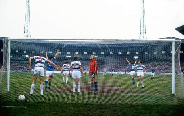 Rangers' Derek Johnstone (9) celebrates after Colin Jackson heads his side into the lead against Morton.