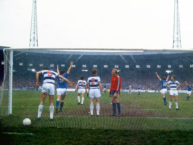 Rangers' Derek Johnstone (9) celebrates after Colin Jackson heads his side into the lead against Morton.