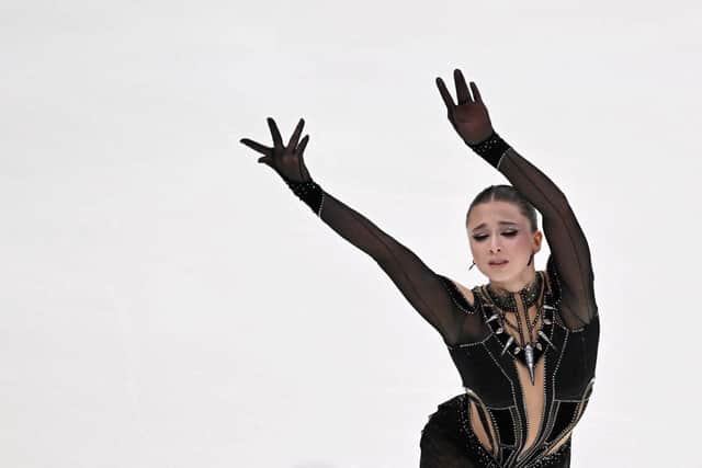 Russia's figure skater Kamila Valieva competes in the women's free skating event during the Russian Grand Prix of Figure Skating at the Megasport arena in Moscow on November 26, 2023. (Photo by Natalia KOLESNIKOVA / AFP) (Photo by NATALIA KOLESNIKOVA/AFP via Getty Images)