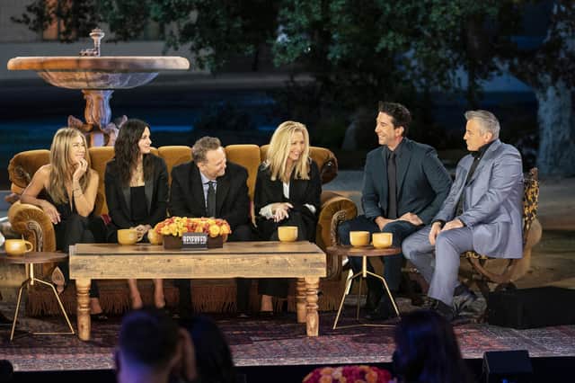 Friends star Jennifer Aniston, Courteney Cox, Lisa Kudrow, Matt LeBlanc, Matthew Perry and David Schwimmer reunited for a one-off special.