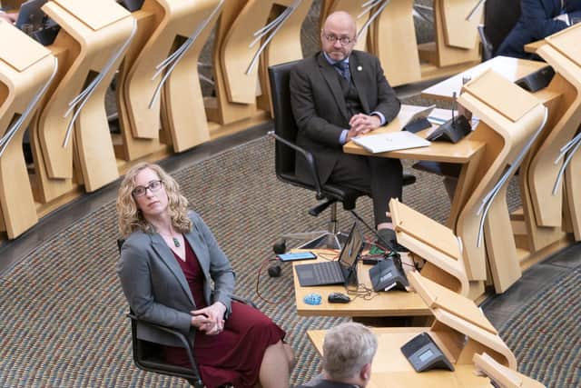 Scottish Green Party co-leaders Patrick Harvie (top) and Lorna Slater (bottom) in the main chamber of the Scottish Parliament, Edinburgh, as they are formally appointed as junior ministers. Picture: PA