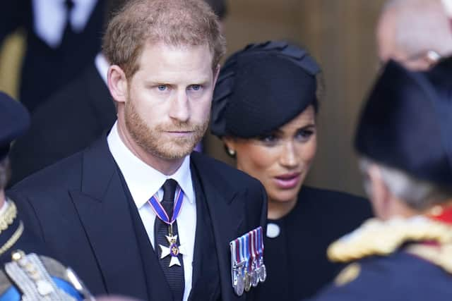 Prince Harry, with Meghan, Duchess of Sussex, leaves Westminster Hall, London after the coffin of Queen Elizabeth II was brought to the hall to lie in state ahead of her funeral on Monday. Picture: Danny Lawson - WPA Pool/Getty Images