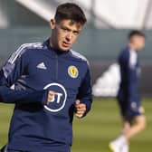 Aaron Hickey trains with Scotland ahead of the trip to Poland to face Ukraine. (Photo by Alan Harvey / SNS Group)