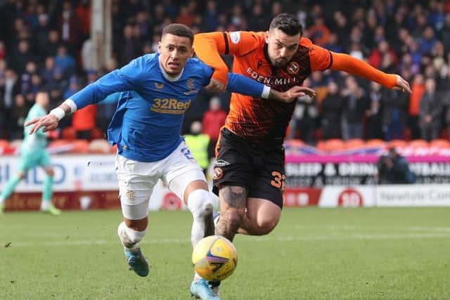Dundee United's Tony Watt and Rangers' James Tavernier during a Cinch Premiership match in February. (Photo by Alan Harvey / SNS Group)