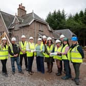 from left to right: Lucy McDonald Quantity Surveyor for Burns Construction, Robbie Copland site foreman for Burns Construction, Niall Ritchie Outdoor Activity Officer, Provost, Councillor Anne Stirling, Malcolm Grant Outdoor Activity Officer, Councillor Powell, Avril Nicol Head of Service, Scott Warrander Council Architect, Susi McLarty Live Life Outdoors Team leader, Rachel Boal Outdoor Activity Officer.