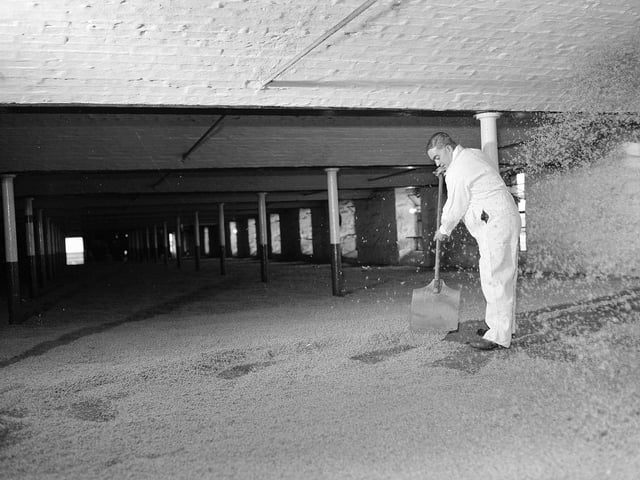 A worker at the Caledonian Distillery, just off Edinburgh's Dalry Road, in 1960.