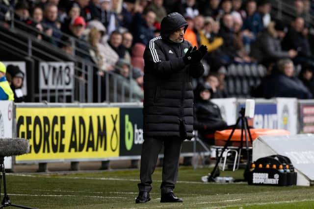 Celtic manager Ange Postecoglou in more serious mood on the touchline at St Mirren Park than he proved after a Cameron Carter-Vickers mishit pass late on. (Photo by Craig Williamson / SNS Group)
