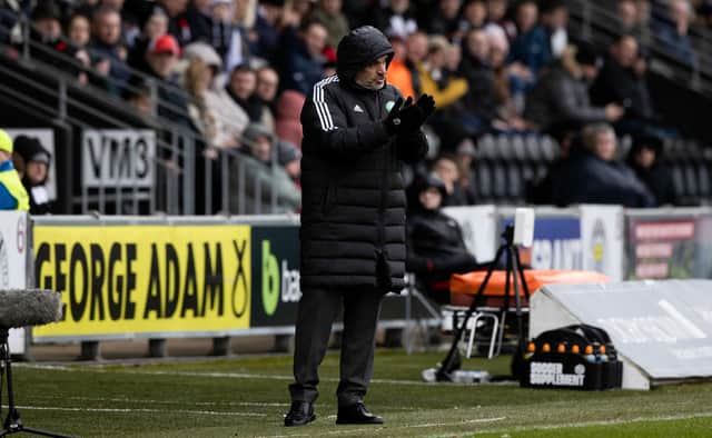 Celtic manager Ange Postecoglou in more serious mood on the touchline at St Mirren Park than he proved after a Cameron Carter-Vickers mishit pass late on. (Photo by Craig Williamson / SNS Group)