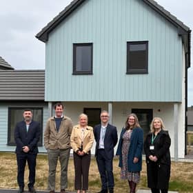 Albyn senior leadership and Angus MacDonald MP visit one of the homes in Broadford, Isle of Skye