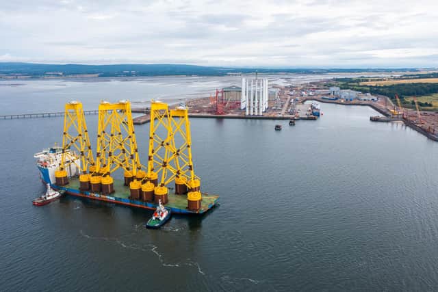 The delivery of Scotland’s largest offshore wind farm, the 1.1GW Seagreen, has taken another major step forward with the delivery of the first jacket superstructures to Port of Nigg in the Cromarty Firth. Picture: Seagreen Offshore Wind Farm