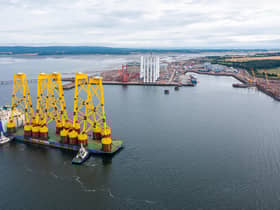 The delivery of Scotland’s largest offshore wind farm, the 1.1GW Seagreen, has taken another major step forward with the delivery of the first jacket superstructures to Port of Nigg in the Cromarty Firth. Picture: Seagreen Offshore Wind Farm