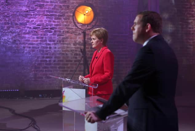 First Minister and leader of the Scottish National Party (SNP) Nicola Sturgeon and Scottish Conservative party leader Douglas Ross, pictured here at the Channel 4 News election debate in Glasgow in April.