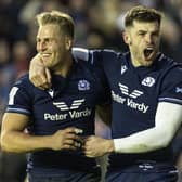 Duhan Van der Merwe celebrates his and Scotland's third try of the match with Blair Kinghorn during the Six Nations win over England at Murrayfield. (Ross Parker / SNS Group)