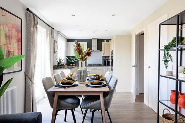 The open-plan kitchen and dining room in the Geddes house type