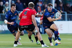 Hamish Watson (right) in action for Edinburgh during a BKT URC match against Emirates Lions at the Hive Stadium, on October 28.  (Photo by Ross Parker / SNS Group)