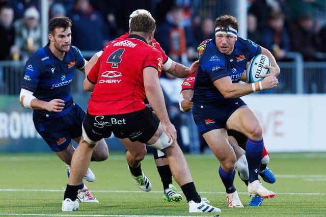 Hamish Watson (right) in action for Edinburgh during a BKT URC match against Emirates Lions at the Hive Stadium, on October 28.  (Photo by Ross Parker / SNS Group)